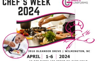 Chefs Week at Greg's Uniforms, April 1-6, 2024, $5 off every $25 spent on chefwear & chef shoes